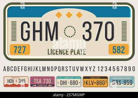 Schriftart Autokennzeichen. Geprägte Schriftbuchstaben und -Zahlen, Autokennzeichen-Rahmen-Vorlage Vektor-Illustration Set. Erfassung der Fahrzeug-ID oder der Kfz-Identifikatoren, Symbole und Ziffern. Schriftart Autokennzeichen. Geprägte Schriftbuchstaben und -Zahlen, Autokennzeichen-Rahmen-Vorlage Vektor-Illustration Set Stock Vektor