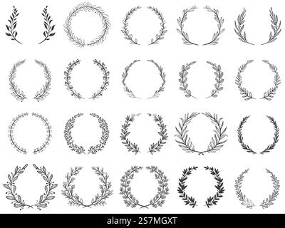 Zierzweigkranze. Lorbeerblätter Kranz, Olivenzweige und runde Blumenverzierung Rahmen Vektor-Set. Siegessymbole oder Triumphsymbole, natürliche dekorative Designelemente mit Lorbeerlaub. Zierzweigkranze. Lorbeerblätter Kranz, Olivenzweige und runde Blumenverzierung Rahmen Vektor-Set Stock Vektor