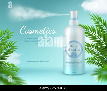 Sprühbanner für Kosmetik. Poster mit natürlichen Hautpflegeprodukten mit tropischen Palmenblättern und Himmelswolken. Realistische 3D-Sprühflasche Vektorvorlage. Bannerkosmetische Pflege, Produkt der Werbeillustration. Sprühbanner für Kosmetik. Poster mit natürlichen Hautpflegeprodukten mit tropischen Palmenblättern und Himmelswolken. Realistische 3D-Sprühflasche Vektorvorlage Stock Vektor