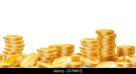 Goldene Münzen stapeln. Viel Geld, Finanzgewinne und Reichtum Goldmünzhaufen. Dollarstapel, Casino-Münzgeld oder Bankwährung Anlagehaufen isolierte Vektorillustration. Goldene Münzen stapeln. Viel Geld, Finanzgeschäftgewinne und Reichtum Gold Münzstapel Vektor Illustration Stock Vektor