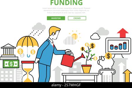 Investitionsfinanzierungskonzept Flatline-Vektorsymbole. Moderne Website-Infografiken Illustration Hero-Bild Web-Banner. Lineart Collection. Man Investor gießt Startup-Münzpflanzen, die wachsen. Stock Vektor
