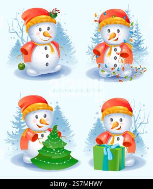 Niedliches Schneemann-Set. Winter Elements Aktivitäten für Kinder. Die Kollektion der Schneemänner ist im Winterstil gehalten. Fröhliche weihnachts-Schneemänner in anderem Kostüm. Vektorabbildung Stock Vektor