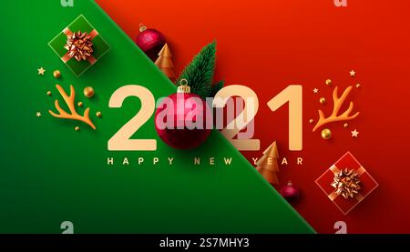 Poster oder Banner zur Neujahrsaktion 2021 mit Geschenkbox und weihnachtselement für Einzelhandel, Shopping oder Weihnachtsaktion. Neujahr 2021 Symbol mit roten Kugelornamenten. Vektorillustration eps 10 Stock Vektor