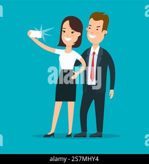 Flacher junger lächelnder Geschäftsmann, der Selfie-Vektorbilder macht. Konzept der Barrierefreiheit. Stock Vektor