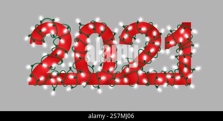 Handgezeichnet glühende festliche Girlande Text Zahlen 2021 Illustration - Happy New Year. - Aktienvektor Stock Vektor