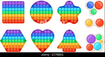 Trendige, entspannende zappelnde Spielzeuge, die sich durch einfaches Grübeln auszeichnen. Spielzeug für Kinder mit sensorischer Luftblase. Rainbow Antistress Spiel Formen Vektor Set. Silikonspielzeug für Bildung und Entspannung Stock Vektor