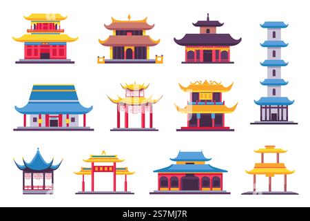 Flache chinesische und japanische Gebäude, alter Tempel, Pagode und Schrein. Alte asiatische Architektur im traditionellen Stil. China Häuser Vektorsatz. Illustration des japanischen Gebäudes, alte Architektur. Flache chinesische und japanische Gebäude, alter Tempel, Pagode und Schrein. Alte asiatische Architektur im traditionellen Stil. China Häuser Vektorsatz Stock Vektor