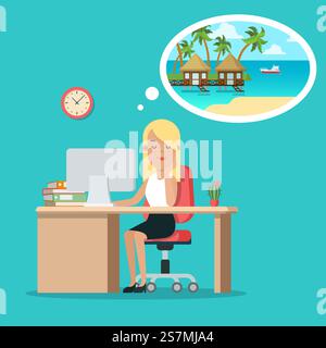 Flache junge Geschäftsfrau, die am Tisch sitzt und von Urlaub auf den Malediven träumt. Business Overwork-Konzept. Stock Vektor