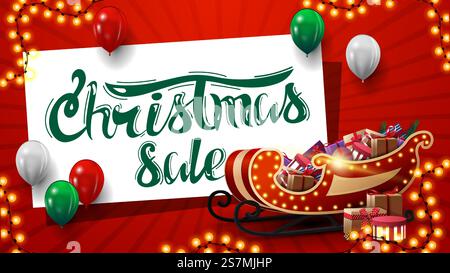 Halloween-Angebot, bis zu 50 Rabatt, rotes Banner mit halloween-Ballons, Girlande, Hexenkessel und Kürbis Jack. Weihnachtsverkauf, rotes Banner mit weißen und grünen Ballons, Girlande, weißes Papierblatt und Weihnachtsmann-Schlitten mit Geschenken Stock Vektor