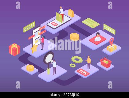 Isometrische Infografik des Online-Spiels für die Customer Journey. Gamification Digital Marketing. Shopping-App, Kaufprozess Vektorkonzept. E-Shop-Bestell- und Zahlungstechnologie mit Zeichen Stock Vektor