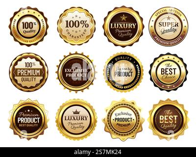 Luxuriöse goldene Abzeichen. Stempel in Premiumqualität, goldene Etiketten und Bestes Angebot-Logo. Auszeichnung Emblem, Siegelqualitätszertifikat oder elegante königliche Medaille. Symbolsatz für isolierte Vektorabbildungen. Luxuriöse goldene Abzeichen. Premium-Qualitätsstempel, goldene Etiketten und beste Angebotsabzeichen Vektor-Illustration Set Stock Vektor