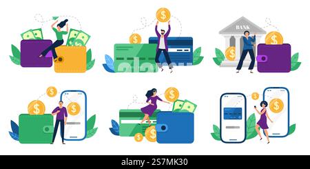 Geldtransfers. Menschen haben Geld von der Geldbörse auf die Bankkarte, mobile Zahlungen und Finanztransaktionen geschickt. Zahlung per Kreditkarte für Arbeitsübertragung verarbeiten. Symbole für die Darstellung von flachen isolierten Vektoren. Geldtransfers. Menschen haben Geld von der Geldbörse auf die Bankkarte, mobile Zahlungen und Finanztransaktionen Vektor-Illustration Set gesendet Stock Vektor