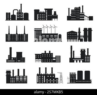 Werkseitige Silhouette. Symbole für Industriegebäude. Produktionsanlage und Kraftwerk mit Schornsteinen, Windmühlen und Solarpaneelen Logo Vektorsatz. Ausrüstung und Unternehmen für alternative Energiequellen. Werkseitige Silhouette. Symbole für Industriegebäude. Produktionsanlage und Kraftwerk mit Schornsteinen, Windmühlen und Solarpaneelen Logo Vektorsatz Stock Vektor