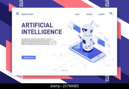 Mobiler Chatbot. Chat-Assistent-Bot mit künstlicher Intelligenz in Smartphone-App und Lernroboter. Zukünftige Telefonkonversations-Bots, menschliche und clevere Roboter Dialog isometrische Vektor-Illustration. Mobiler Chatbot. Künstliche Intelligenz Chat-Assistent-Bot in Smartphone-App und pädagogische Roboter-isometrische Vektorillustration Stock Vektor