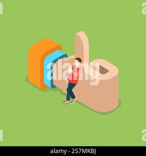 Flaches isometrisches riesiges Internet-ähnliches Zeichen mit jungen Mann online auf Smartphone-Netz-Vektor-Illustration. Das 3D-Isometriekonzept des sozialen Netzwerks. Lässiger Kerl mit Handy Stock Vektor