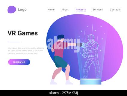 Virtual-Reality-Spiele flache Landing-Page-Banner Vektordarstellung. Man in Smart Gloves für VR-Gaming Spiel holographisches Spielkonzept Stock Vektor