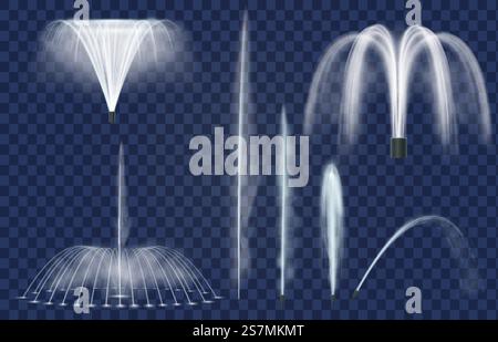 Springbrunnen. Realistische Wasserspritzer, gebogene Sprays und Geysire. Springbrunnen kaskadieren und Kombinationen. Wasserdekoration für Park-Vektor-Set. Wasserfontänen-Kollektion zum Dekorationspark. Springbrunnen. Realistische Wasserspritzer, gebogene Sprays und Geysire. Springbrunnen kaskadieren und Kombinationen. Wasserdekoration für Park-Vektor-Set Stock Vektor