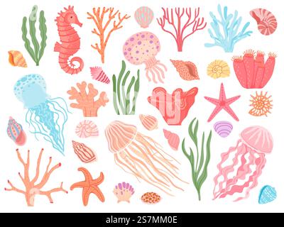 Meereselemente. Zeichentrick-Algen, Korallen, Muscheln und Rifftiere. Seesterne, Seepferdchen und Quallen. Nautische dekorative Vektorset. Unterwasser-Ökosystem, Wassertiere. Meereselemente. Zeichentrick-Algen, Korallen, Muscheln und Rifftiere. Seesterne, Seepferdchen und Quallen. Nautische dekorative Vektorset Stock Vektor