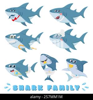 Die Familie der Karikaturhaie. Neugeborene Babyhaie, Comic Marinevater und fröhliche Mutterhaie Charaktere. Meeresfische Familie, Unterwasserhaie Raubtier. Symbolsatz für isolierte Vektorabbildungen. Die Familie der Karikaturhaie. Neugeborener Babyhai, Comic Marine Vater und fröhliche Mutter Haie Charaktere Vektor Illustration Set Stock Vektor
