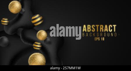 Elegante abstrakte, elegante, elegante, dynamische, in Gold und Schwarz gehaltene 3D-Formen mit glitzernden Kugeln. Trendiger Hintergrund für Ihr Design. Flüssiger Stil. Vektorabbildung. EPS 10. Elegante abstrakte, elegante, elegante, dynamische, in Gold und Schwarz gehaltene 3D-Formen mit glitzernden Kugeln. Trendiger Hintergrund für Ihr Design. Flüssiger Stil. Vektorabbildung Stock Vektor