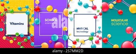 Banner für Molekularwissenschaften. Vitaminmolekül, moderner medizinischer wissenschaftlicher Rahmen und Schulwissenschaftslabor-Banner. Biotechnologie Wissenschaft oder medizinisches Labor Moleküle Struktur Vektor Hintergrund gesetzt. Banner für Molekularwissenschaften. Vitaminmolekül, moderner medizinischer wissenschaftlicher Rahmen und Schule Wissenschaft Labor Banner Vektor Hintergrund Set Stock Vektor