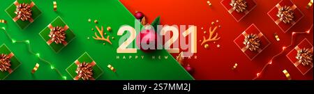 Poster oder Banner zur Neujahrsaktion 2021 mit Geschenkbox und weihnachtselement für Einzelhandel, Shopping oder Weihnachtsaktion. Neujahr 2021 Symbol mit roten Kugelornamenten. Vektorillustration eps 10 Stock Vektor