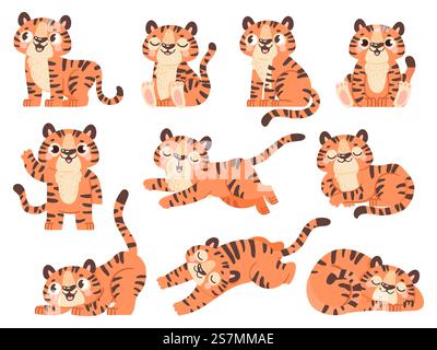 Niedliche Babytiger. Dschungeltier-Zeichentrick für Kinder. Tiger posiert im Schlaf, Sitzen, Spielen und Brüllen. 2022 Silvestersymbol-Vektorsatz. Illustration Tigertier, Katzendschungel, wildes Säugetier Maskottchen. Niedliche Babytiger. Dschungeltier-Zeichentrick für Kinder. Tiger posiert im Schlaf, Sitzen, Spielen und Brüllen. 2022 Silvestersymbol-Vektorsatz Stock Vektor