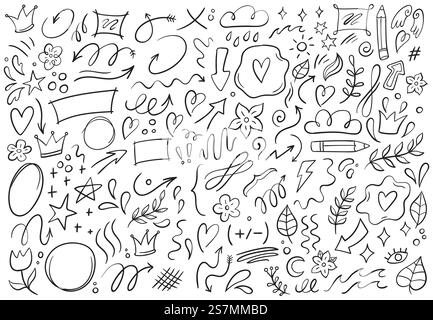 Dekorative Kritzeleien. Handgezeichneter Pfeil, Umrissformen und Kritzelrahmen. Tinte Zeichen Dekoration Ornament, Linie gekrümmter Pfeil, Herz und Kreis Skizze isolierte Vektor Illustration Symbole Set. Dekorative Kritzeleien. Hand gezeichneter Pfeil, Umrissformen und Kritzelrahmen Vektor-Illustration Set Stock Vektor