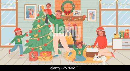 Die Familie feiert weihnachten zu Hause. Eltern und Kinder dekorieren Weihnachtsbaum im Wohnzimmer mit Kamin. Vektorplakat zum Neujahr. Frohe weihnachten zu Hause, Silvesterfeier Illustration. Die Familie feiert weihnachten zu Hause. Eltern und Kinder dekorieren Weihnachtsbaum im Wohnzimmer mit Kamin. Vektorplakat zum Neujahr Stock Vektor