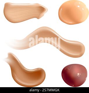 Set realistischer Kosmetikcremeabstriche. Hauttoner verschiedener Körperfarben. Lotion glatte Abstrich Vektor Textur isoliert auf weißem Hintergrund. Set realistischer Kosmetikcremeabstriche. Hauttoner verschiedener Körperfarben. Lotion glatte Verschmieren isolierte Vektortextur auf weißem Hintergrund. Stock Vektor