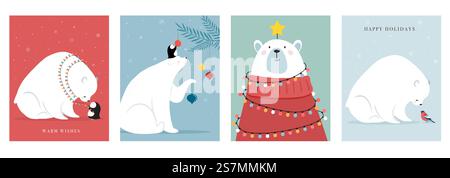 Waldtiere im Winter, Glückwunschkarten, Poster mit niedlichem Bären, Vögeln, Hasen, Hirschen, Maus und Pinguin. Handgezeichnete Vektorabbildungen Stock Vektor