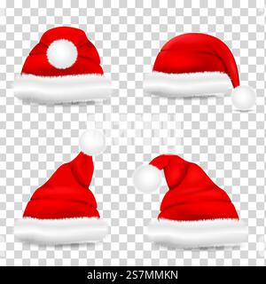 Set aus rotem 3D realistischem weihnachtsmütze. Weihnachtsmann Weihnachtsmütze für Weihnachtsillustration. Weihnachtsrote Hüte isoliert auf transparentem Hintergrund. Vektorabbildung Stock Vektor