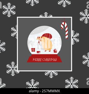 Weihnachtsglaskugel mit einem Bären. Neujahrskarte mit Schneeflocken und einem Bären. Silvester-Illustration mit einem Spielzeug auf grauem Hintergrund. Stock Vektor