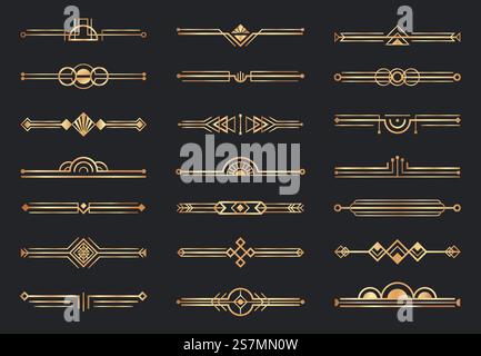 Goldene Art-Deco-Trennwände. Dekorative geometrische Borte, Retro-goldene Trennwände und luxuriöse 1920er Jahre Dekorationselemente Vektor-Set. Kollektion mit dekorativen horizontalen Linien, Ornamenten im schicken Vintage-Stil... Goldene Art-Deco-Trennwände. Dekorative geometrische Borte, Retro-goldene Trennwände und luxuriöse 1920er Jahre Dekorationselemente Vektor-Set Stock Vektor