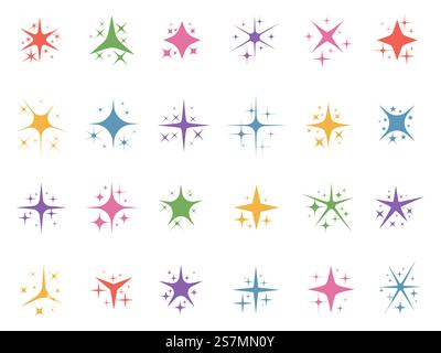 Bunte funkelnde Sterne. Glitzerlichter, Farbfunken und glänzende Sternlichtelemente Vektorset. Sammlung von funkelnden oder funkelnden Blitzen. Dekorative Designelemente mit magischem Outburst in flachem Stil. Bunte funkelnde Sterne. Glitzerlichter, Farbfunken und glänzende Sternlichtelemente Vektorset Stock Vektor
