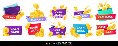 Cashback-Abzeichen. Geldrücksendeetikett, Verkaufsangebote im Geschäft und Bargeld-Back-Banner. Goldene Münzen im Portemonnaie Vektor Illustration Set. Geld zurück von Einkäufen und Zahlungsaufklebern. Cashback-Abzeichen. Geldrücksendeetikett, Verkaufsangebote im Geschäft und Bargeld-Back-Banner. Goldene Münzen im Portemonnaie Vektor Illustration Set Stock Vektor