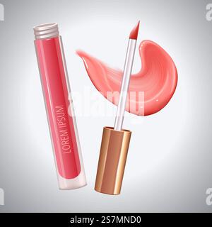 Make-up-Set für Lippen mit realistischem Cremeausstrich, realistischem flüssigem Lippenstift. Vektor. Make-up-Set für Lippen mit realistischem Cremeausstrich, realistischem flüssigem Lippenstift. Stock Vektor