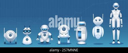 Roboterentwicklung. Zeitlinie der Entwicklung künstlicher Intelligenz vom einfachen Bot zum humanoiden android. Vektorkonzept für technologische Innovationen. Illustration futuristische moderne Evolutionstechnologie. Roboterentwicklung. Zeitlinie der Entwicklung künstlicher Intelligenz vom einfachen Bot zum humanoiden android. Vektorkonzept für technologische Innovationen Stock Vektor