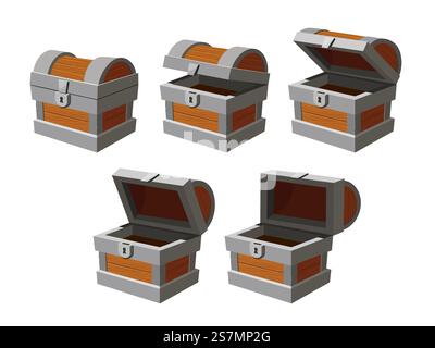 Thorax-Animation. Leere Schatzschatullen zum Öffnen. Verschlossene alte Brust mit Schloss. Spiel Holzkiste mit offenen Cover Vektorsymbolen. Animation auf der Brust in altmodischer, antiker Box für Schätze. Thorax-Animation. Leere Schatzschatullen zum Öffnen. Verschlossene alte Brust mit Schloss. Spiel Holzkiste mit offenen Cover Vektorsymbolen Stock Vektor
