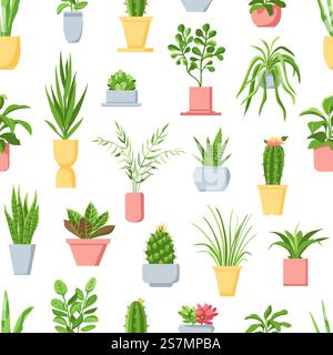 Topfpflanzen nahtloses Muster. Zimmerpflanzen, Kakteen und Sukkulenten, Garten in Töpfen, Inneneinrichtung. Blumenmuster im skandinavischen Stil. Illustration Zimmerpflanzen-Kaktus und Sukkulenten. Topfpflanzen nahtloses Muster. Zimmerpflanzen, Kakteen und Sukkulenten, Garten in Töpfen, Inneneinrichtung. Blumenmuster im skandinavischen Stil Stock Vektor