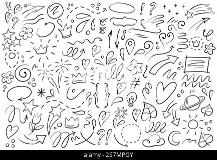 Dekorative handgezeichnete Formen. Umrissene Krone, Doodle Pointer und Herzrahmen. Kritzelt Linien Elemente, Tintenlinien Pfeil und Blumenkalligrafie Zeichenskizze. Symbolsatz für isolierte Vektorabbildungen. Dekorative handgezeichnete Formen. Umrissene Krone, Doodle Pointer und Herzrahmen. Doodles Linien Elemente Vektor-Illustrationsset Stock Vektor