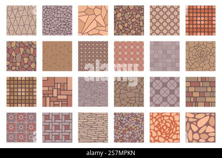 Straßenpflaster, Kacheln, Draufsicht. Bodenfliesen mit Stein-, Ziegel- und Kopfsteinpflasterstruktur. Gepflasterte Terrasse oder Park Bürgersteig Vektor Satz Straßenmuster Straßenfliese für Straßenbelag Illustration. Straßenpflaster, Kacheln, Draufsicht. Bodenfliesen mit Stein-, Ziegel- und Kopfsteinpflasterstruktur. Gepflasterte Terrasse oder Park Bürgersteig Vektorsatz Stock Vektor