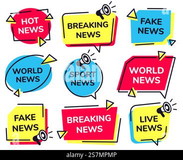 News-Label. Breaking, Live Sport und Fake News Abzeichen Vektor Set. Bündel moderner Banner für Fernsehübertragungen. Sammlung kreativer flacher Designelemente für Nachrichtensendungen, Medienshows... News-Label. Breaking, Live Sport und Fake News Abzeichen Vektor Set Stock Vektor