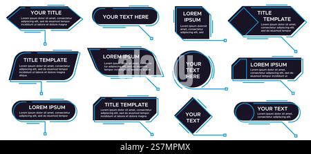 Beschriftungen Titelbanner. Vorlage für futuristische Beschreibungen, Textfelder für digitale Linien und Vektorsatz für Beschriftungen. Sammlung von Pop-up- oder Beschreibungsfeldern, Sprechblasen. Einfache Konstruktionselemente... Beschriftungen Titelbanner. Vorlage für futuristische Beschreibungen, Textfelder für digitale Linien und Vektorsatz für Beschriftungen Stock Vektor