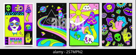 Psychedelische Hippie-Poster im Retro-Stil mit Platz, Pilzen und Regenbögen. 70er Jahre abstrakte Cover mit Schädel, schwebenden Augen, verrückten Lippen Vektor Set. Helles UfoRaumschiff und Alien fliegen im Universum Stock Vektor