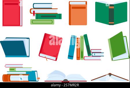 Bücher, Bücherstapel und -Stapel flach öffnen und schließen. Neuartiges Buch mit Lesezeichen. Lehrbücher für Lesen und Erziehung. Literaturvektorsatz. Akademische Lehrbücher für Schule oder Hochschule Stock Vektor