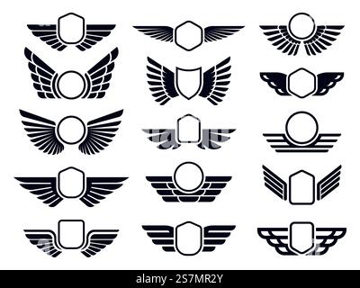 Geflügelte Rahmen. Fliegendes Vogelschild-Emblem, Adlerflügel-Emblem und schneller Retro-Flügel für die Luftfahrt. Frachtlogo oder militärische Flügel-Insignien. Vektorsatz für isolierte Symbole. Geflügelte Rahmen. Fliegender Vogel Schild Emblem, Adler Flügel Abzeichen Rahmen und Retro Luftfahrt schnelle Flügel Symbol Vektor Set Stock Vektor