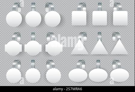 Verkaufsschilder wobbler auf gebogenem transparentem Streifen. Weiße runde, quadratische, dreieckige und ovale Form oder Tag für Supermarkt- oder Ladenwerbung auf Regalen, 3D realistische Tag Set Vektorillustration. Verkaufsschilder wobbler auf gebogenem transparentem Streifen. Weißes rundes, quadratisches, dreieckiges und ovales Etikett für Supermärkte Stock Vektor