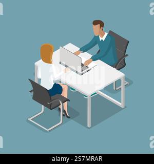 Flache isometrische Arbeiter in der Bürovektordarstellung. Der Manager spricht mit einer Frau und schaut auf den Laptop-Bildschirm. 3D-Isometrie-Geschäftskonzept. Stock Vektor