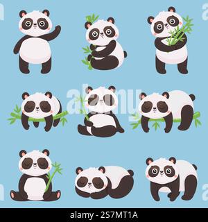 Cartoon-Panda-Kinder. Kleine Pandas, lustige Tiere mit Bambus und süßer schlafender Pandabär. Kritzele Maskottchen Pandas mit Säugetiercharakter oder Kinderspielzeug. Symbolsatz für isolierte Vektorabbildungen. Cartoon-Panda-Kinder. Kleine Pandas, lustige Tiere mit Bambus und süße schlafende Pandabären Vektor-Illustration Set Stock Vektor